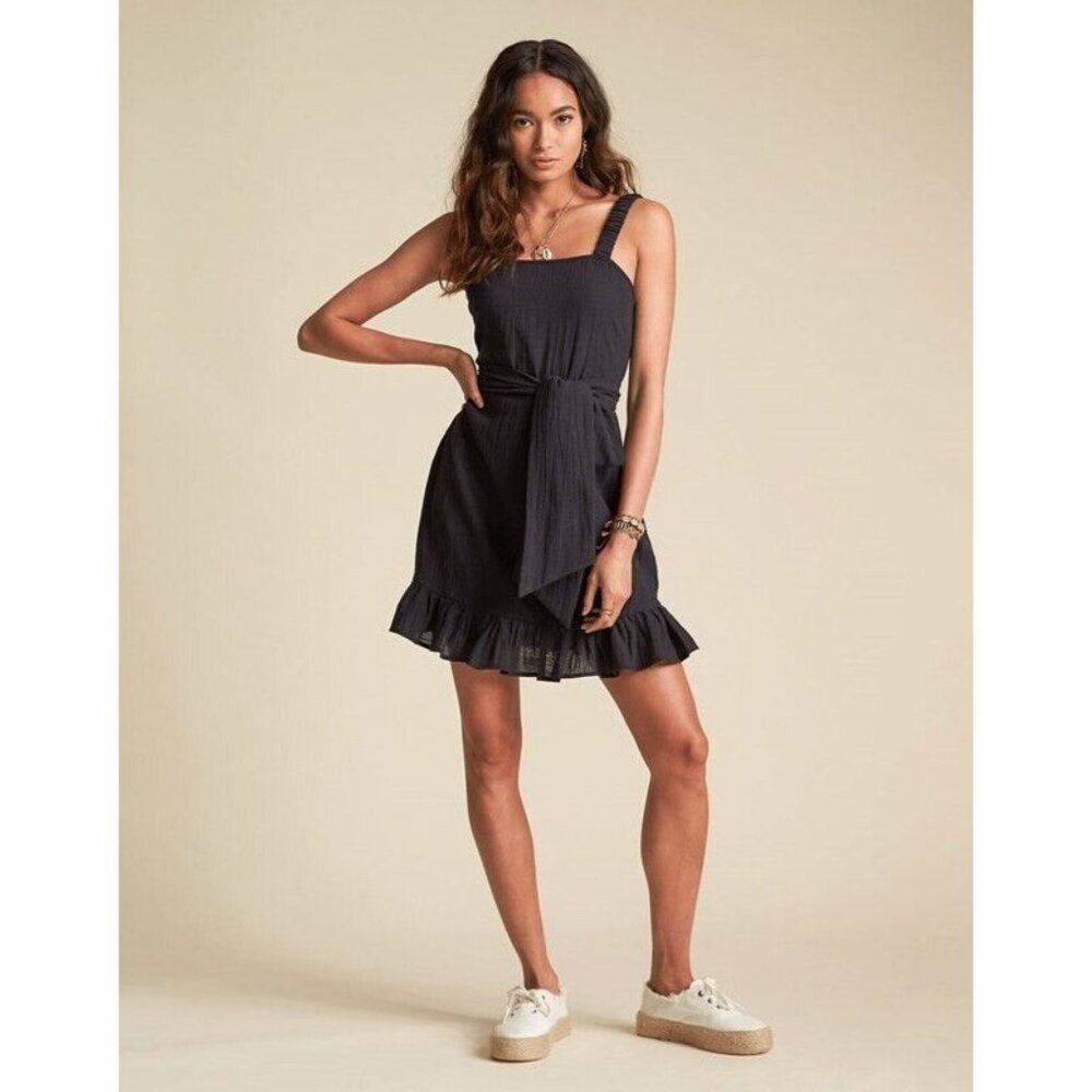 Billabong Sincerely Jules Dress Black Tie Waist Ruffle Mini - Picture 1 of 12